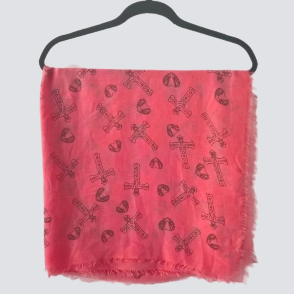 Red Pink Heart Cross Print Viscose Scarf Fringe Lightweight Boho Wrap
